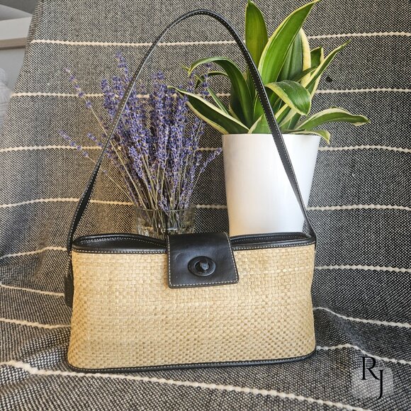 Coach Vintage Straw Tote – Black Leather Trim with Turnlock - Picture 1 of 16